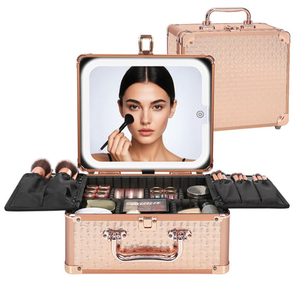 Makeup Train Case with LED Mirror, Rechargeable Travel Makeup Bag