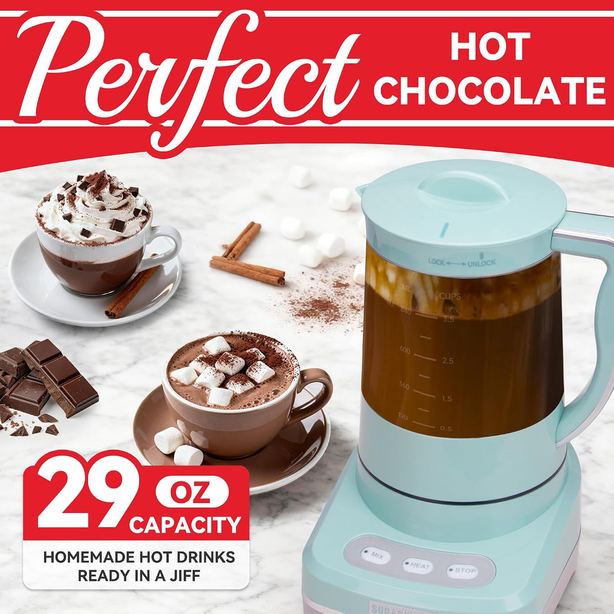 SugarWhisk 29 Oz Hot Chocolate Maker Machine, Electric Milk Frother and Steamer, Hot Cocoa Maker Machine for Hot Chocolate Bar, Detachable Pitcher, 2 Speed Mode, 3.5 Cups, Aqua