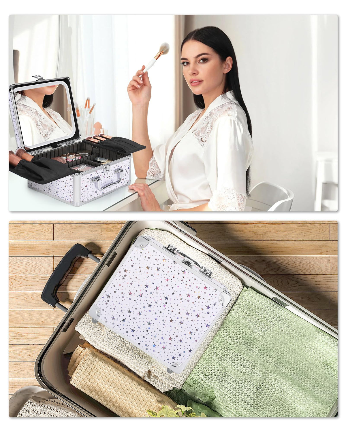 Relavel Makeup Bag with LED Mirror, Makeup Box Travel Train Case with Rechargeable Lighted Mirror & Adjustable Dividers, Cosmetic Brush Organizer Storage for Makeup Artists Gifts for Women and Girls