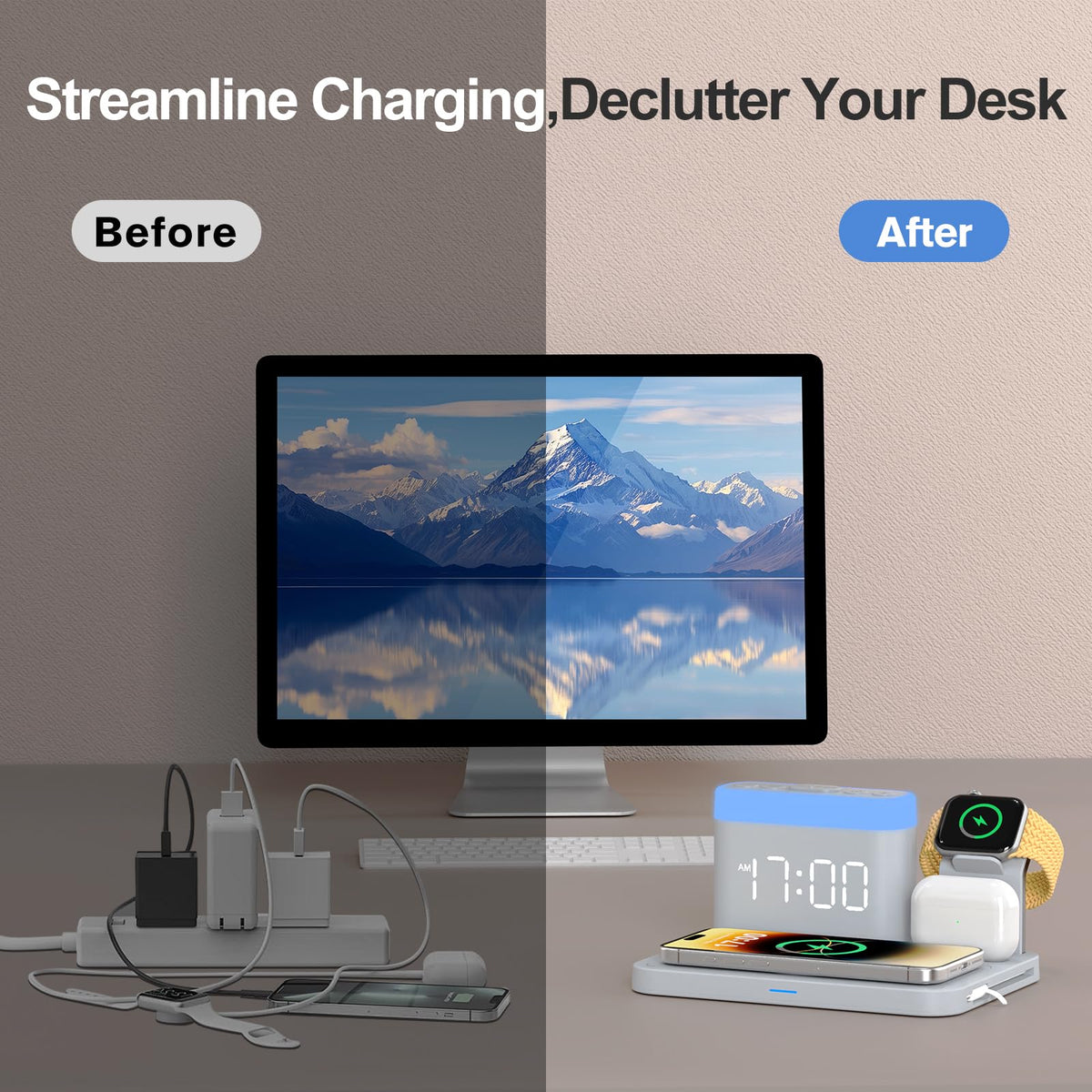 5 in 1 Wireless Charging Station with Alarm Clock & Night Light