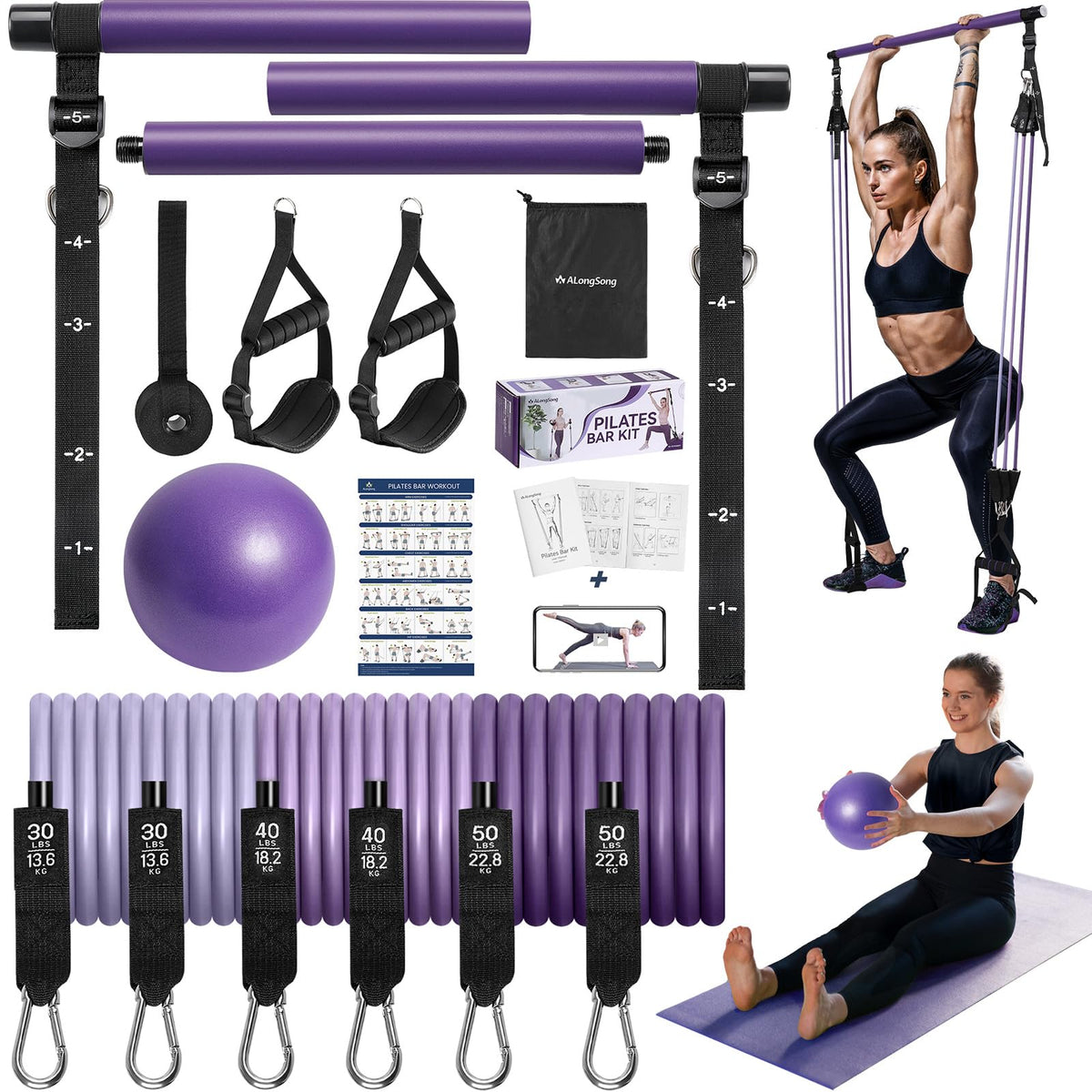 Upgraded Pilates Bar Kit with Resistance Bands Natural Latex for Women & Men, Heavy-Duty Stainless Steel Multifunctional Yoga Pilates Stick for Home Gym Exercise Fitness Equipment Full-Body Workouts