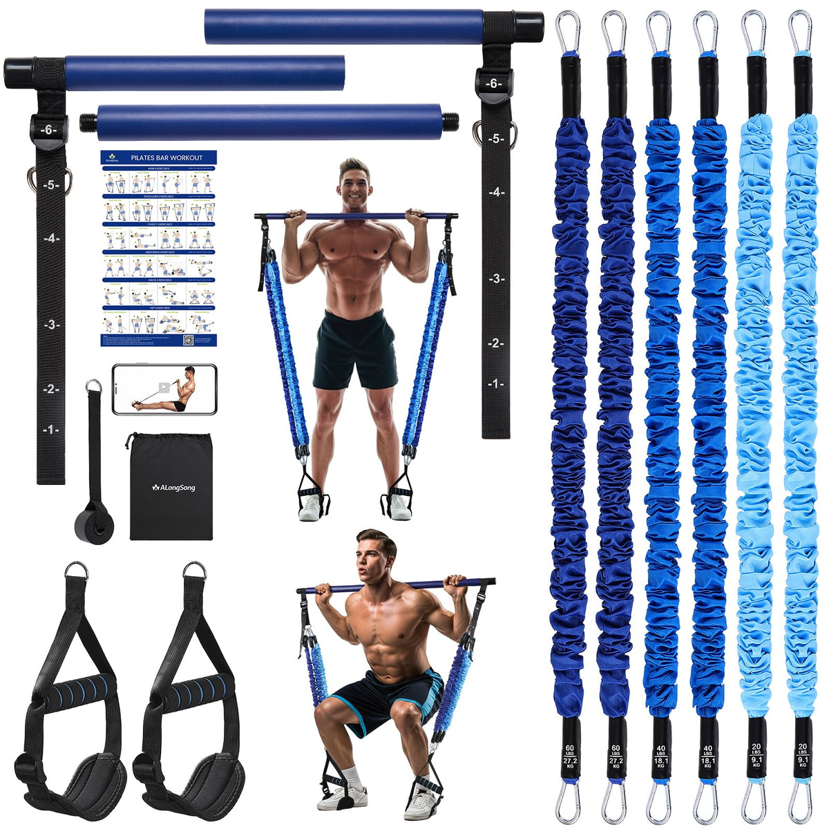 Upgraded Pilates Bar Kit with Resistance Bands Natural Latex for Women & Men, Heavy-Duty Stainless Steel Multifunctional Yoga Pilates Stick for Home Gym Exercise Fitness Equipment Full-Body Workouts