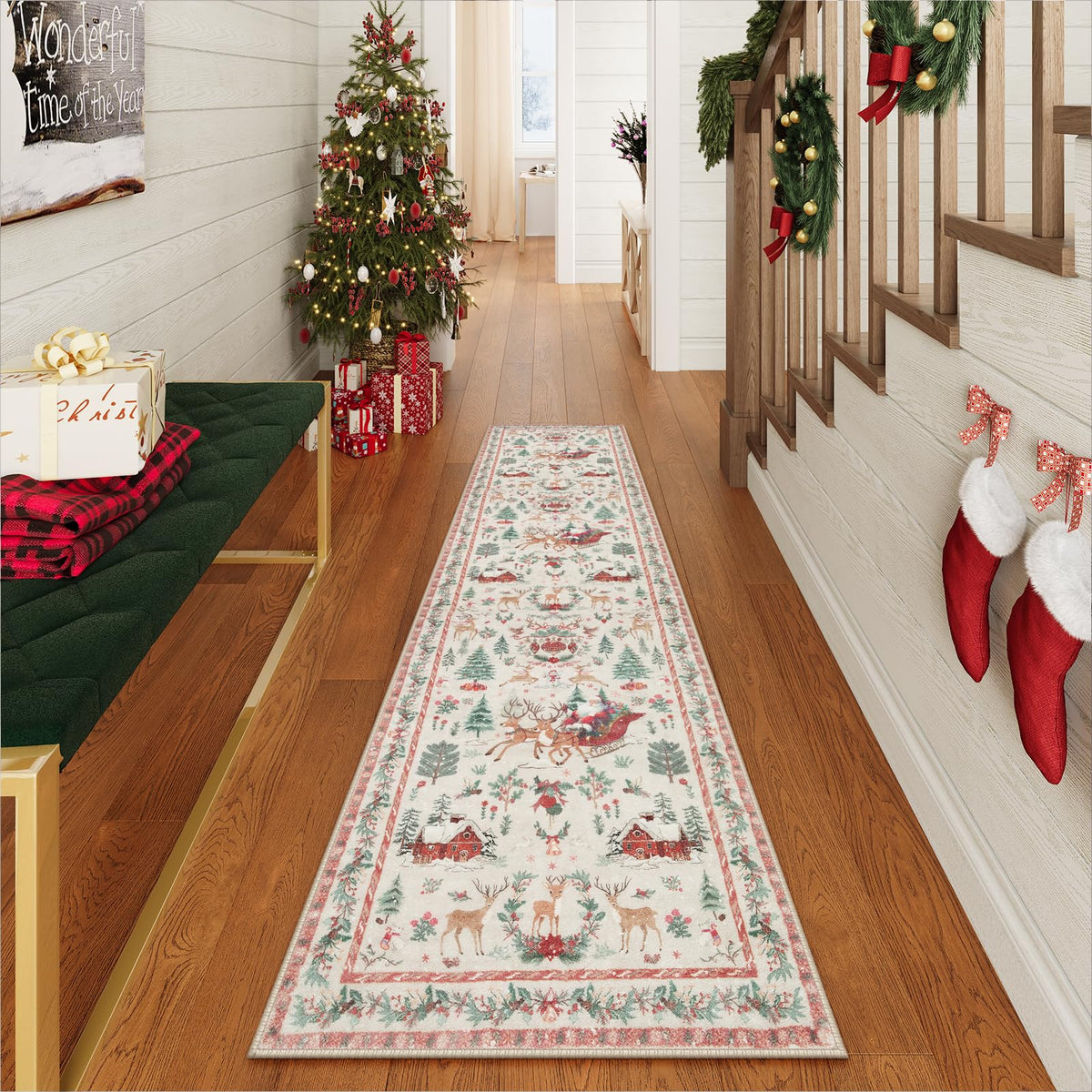 Lahome Christmas 8x10 Living Room Area Rug, Soft Christmas Tree Large Washable Rug for Bedroom, Non Slip Low Pile Indoor Floor Carpet for Home Office Xmas Holiday Decor, Beige