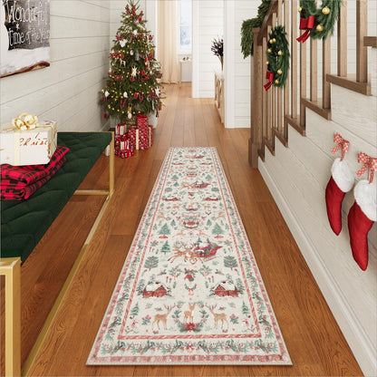 Lahome Christmas 8x10 Living Room Area Rug, Soft Christmas Tree Large Washable Rug for Bedroom, Non Slip Low Pile Indoor Floor Carpet for Home Office Xmas Holiday Decor, Beige
