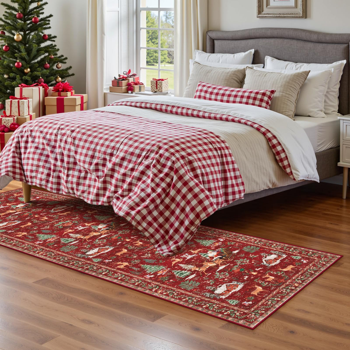 Lahome Christmas 8x10 Living Room Area Rug, Soft Christmas Tree Large Washable Rug for Bedroom, Non Slip Low Pile Indoor Floor Carpet for Home Office Xmas Holiday Decor, Beige