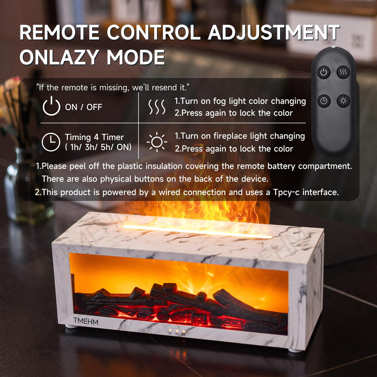 TMEHM Essential Oil Diffuser Humidifier with Fireplace Flame Effect