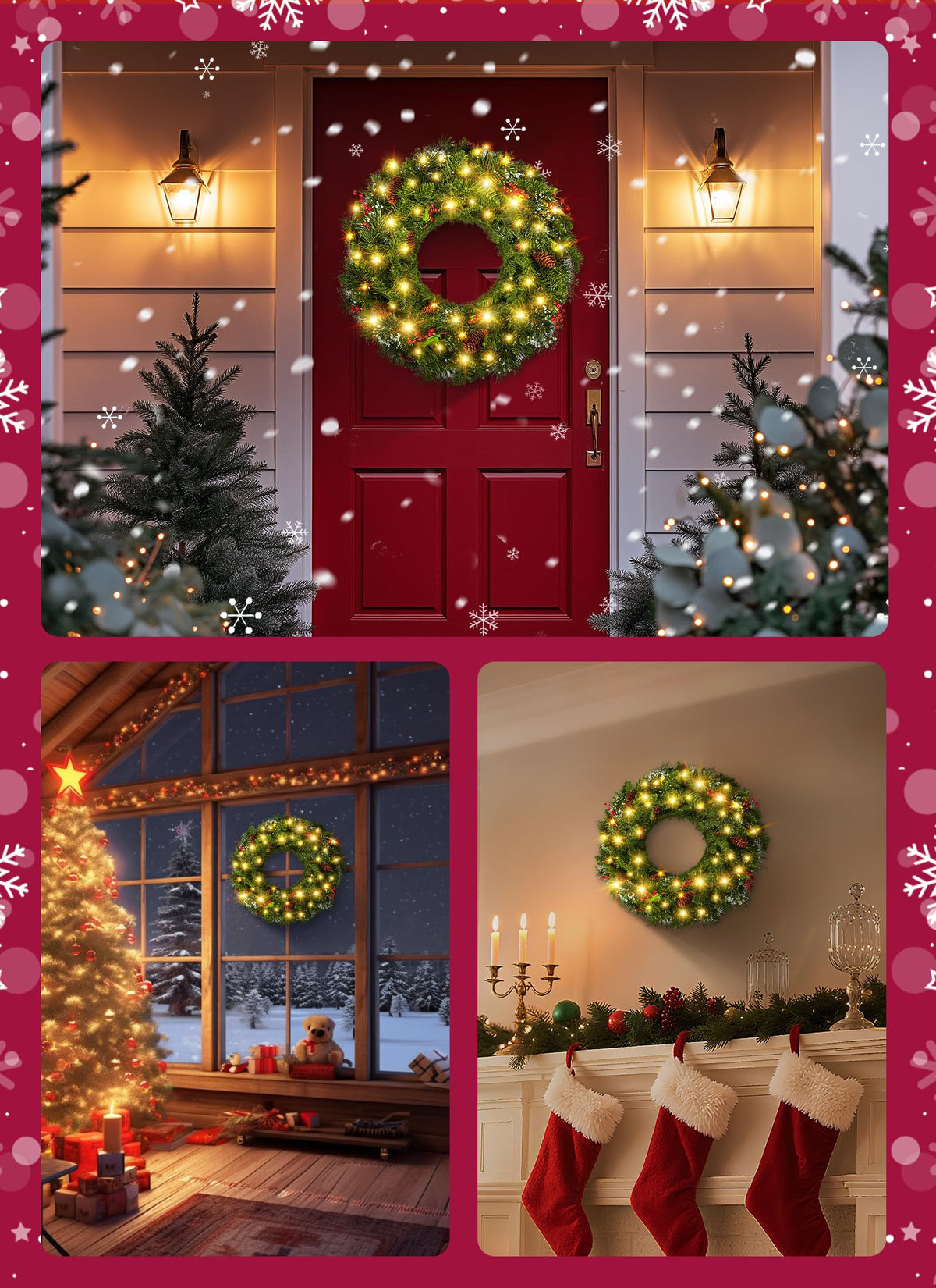 Brightown 24 Inch Pre-Lit Christmas Wreaths for Front Door, 50LED