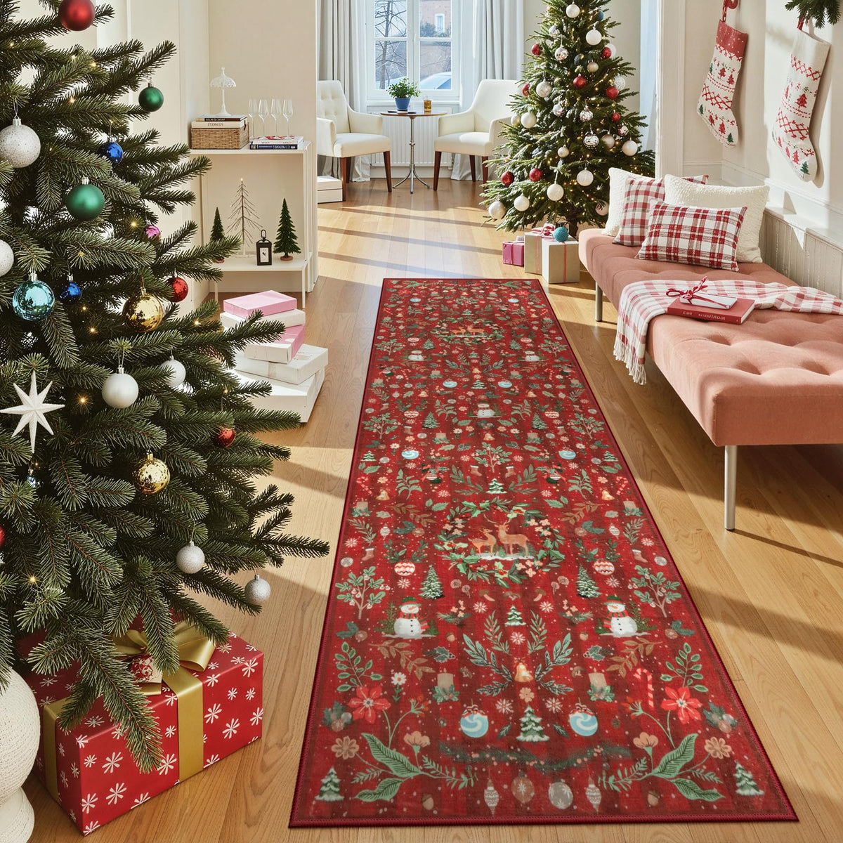 Lahome Christmas 8x10 Living Room Area Rug, Soft Christmas Tree Large Washable Rug for Bedroom, Non Slip Low Pile Indoor Floor Carpet for Home Office Xmas Holiday Decor, Beige