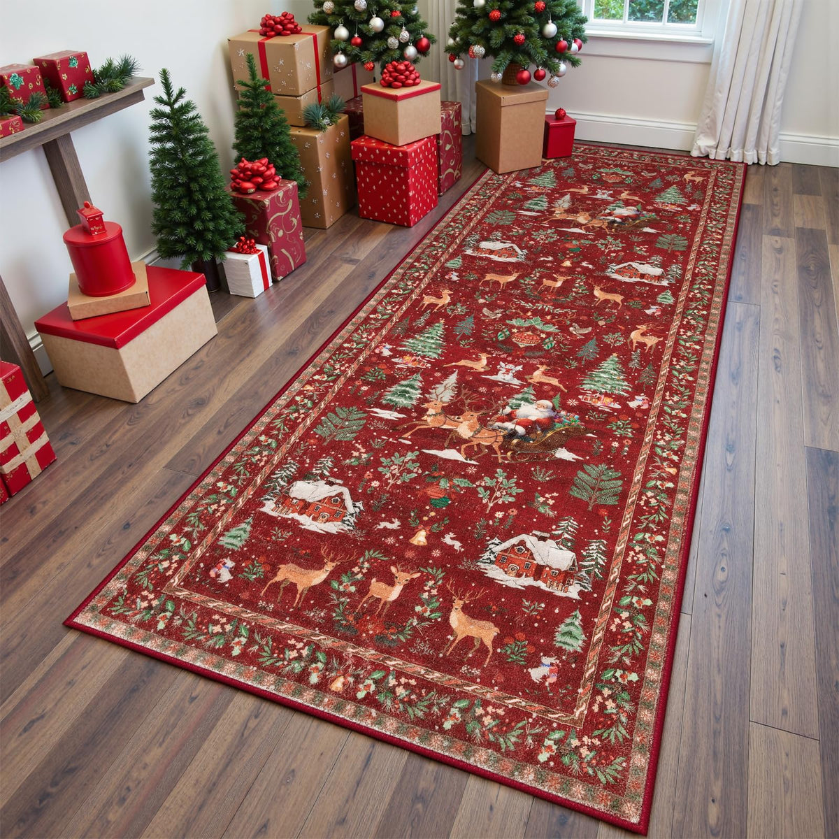 Lahome Christmas 8x10 Living Room Area Rug, Soft Christmas Tree Large Washable Rug for Bedroom, Non Slip Low Pile Indoor Floor Carpet for Home Office Xmas Holiday Decor, Beige