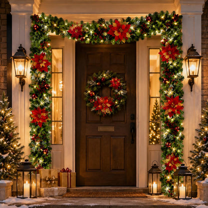 Christmas Garland with Lights 9ft, Prelit for Mantle, Stairs & Door