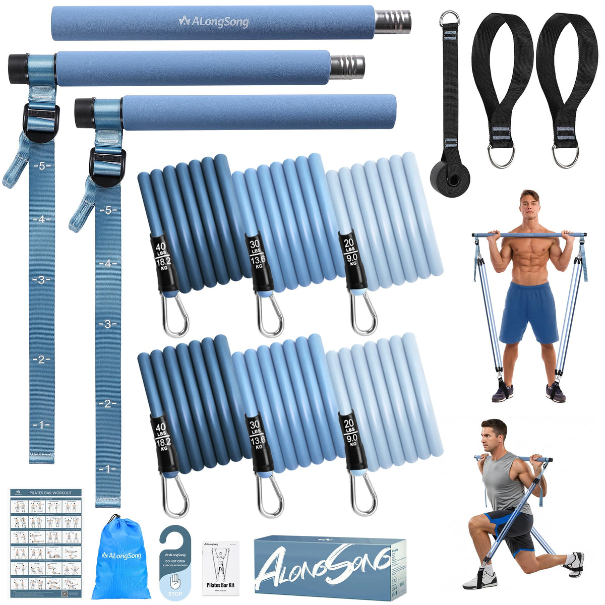 Upgraded Pilates Bar Kit with Resistance Bands Natural Latex for Women & Men, Heavy-Duty Stainless Steel Multifunctional Yoga Pilates Stick for Home Gym Exercise Fitness Equipment Full-Body Workouts