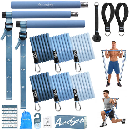 Upgraded Pilates Bar Kit with Resistance Bands Natural Latex for Women & Men, Heavy-Duty Stainless Steel Multifunctional Yoga Pilates Stick for Home Gym Exercise Fitness Equipment Full-Body Workouts