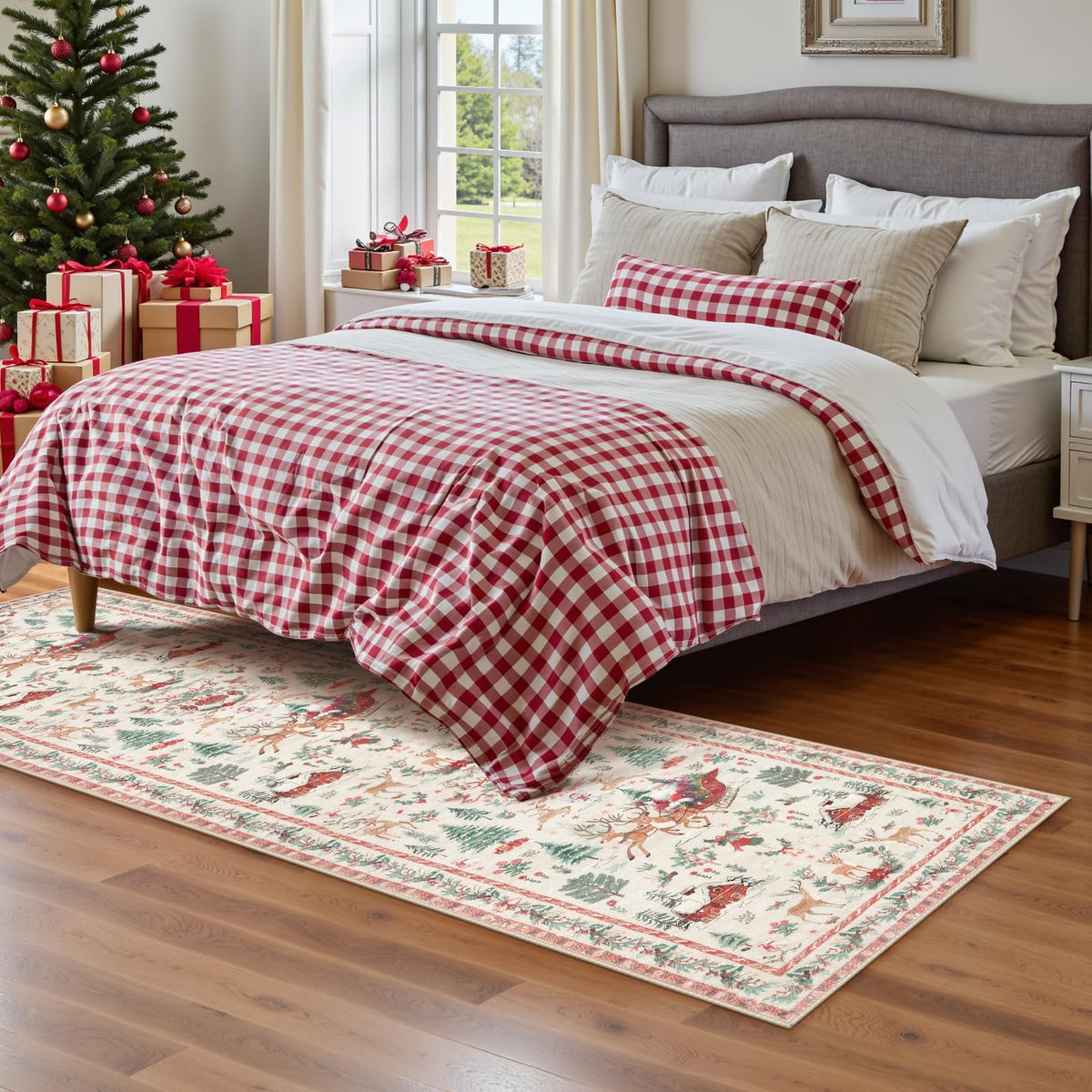 Lahome Christmas 8x10 Living Room Area Rug, Soft Christmas Tree Large Washable Rug for Bedroom, Non Slip Low Pile Indoor Floor Carpet for Home Office Xmas Holiday Decor, Beige