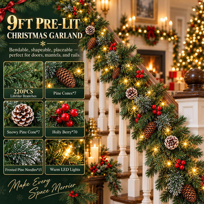 Christmas Garland with Lights 9ft, Prelit for Mantle, Stairs & Door