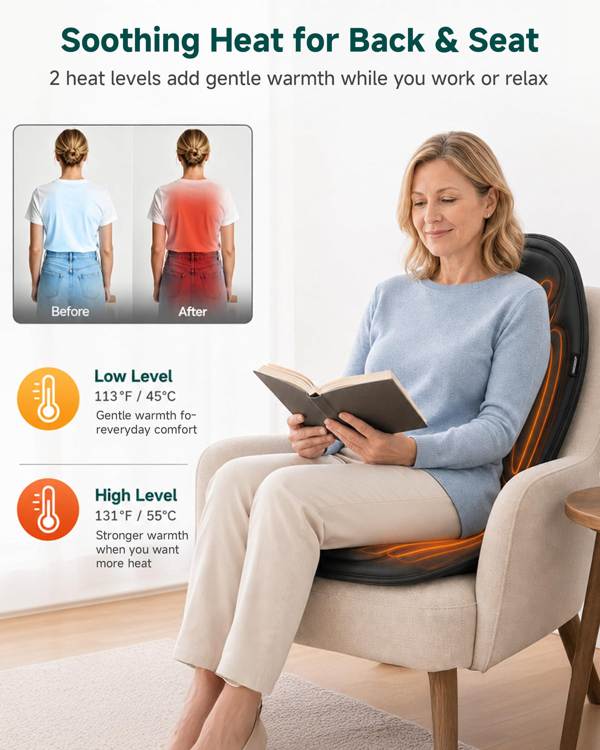 Snailax Back Massager with Heat, Vibration Massage Chair Pad, Seat Cushion