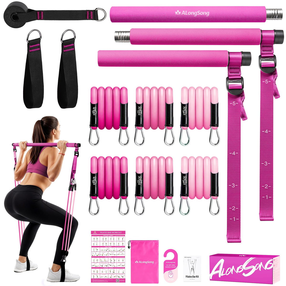 Upgraded Pilates Bar Kit with Resistance Bands Natural Latex for Women & Men, Heavy-Duty Stainless Steel Multifunctional Yoga Pilates Stick for Home Gym Exercise Fitness Equipment Full-Body Workouts