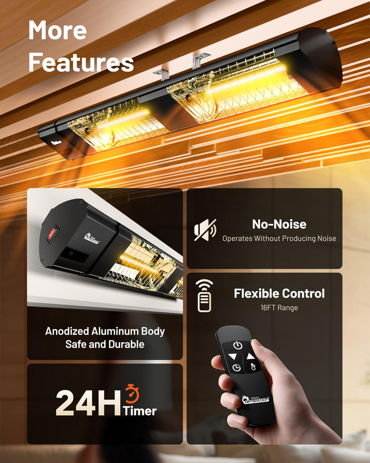DR. INFRARED HEATER Portable Infrared Indoor and Outdoor Space Heater for Patio, Garage, Commercial & Residential With Remote Control, With Thermostat, Black