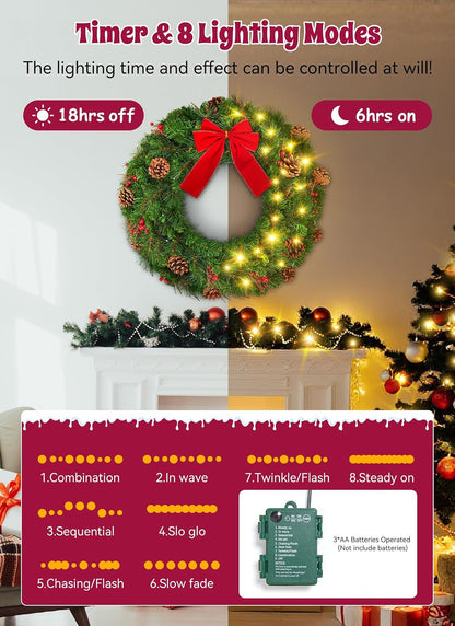 Brightown 24 Inch Pre-Lit Christmas Wreaths for Front Door, 50LED