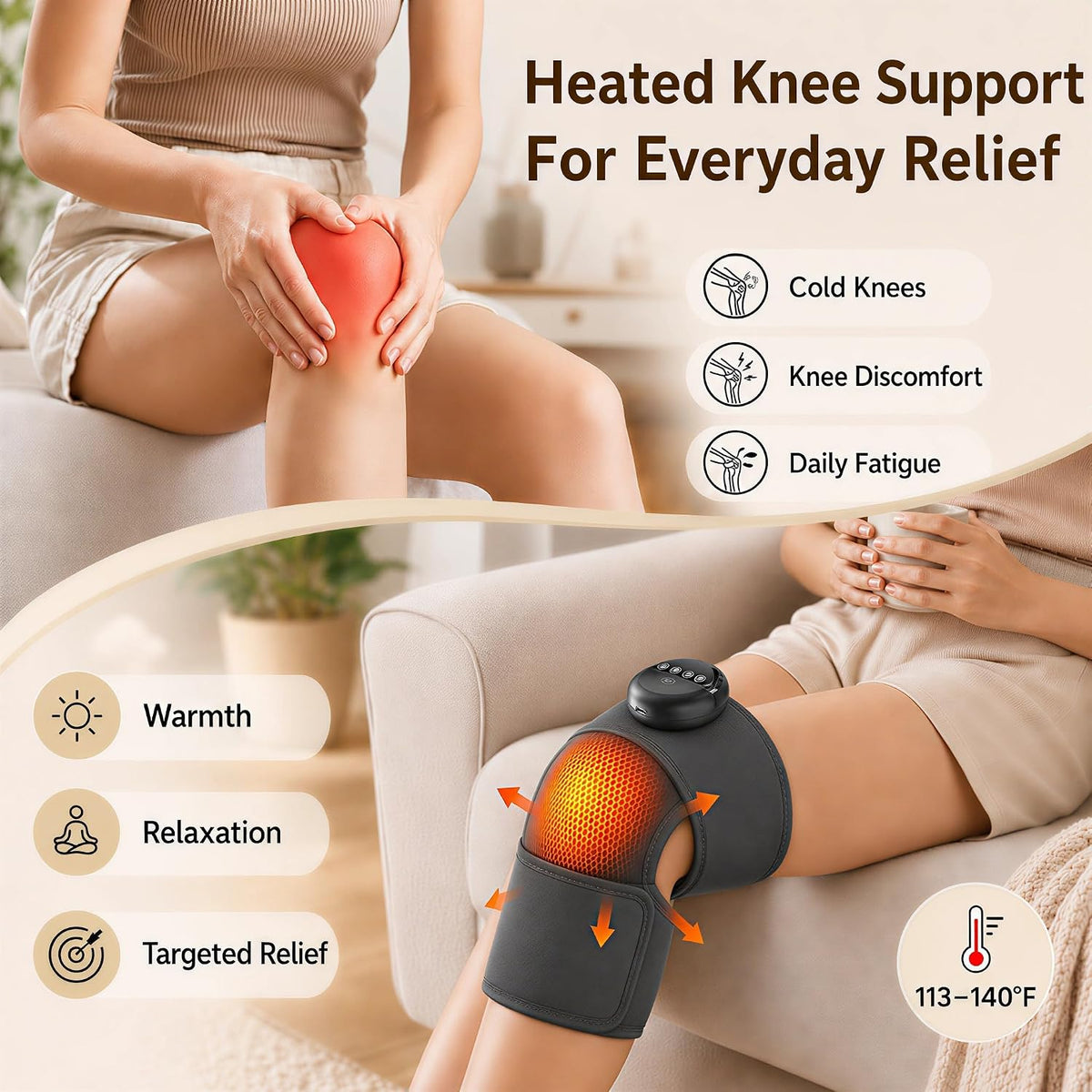 Cordless Heated Knee Massager Wrap 4 Heat Levels 6 Vibration Gray