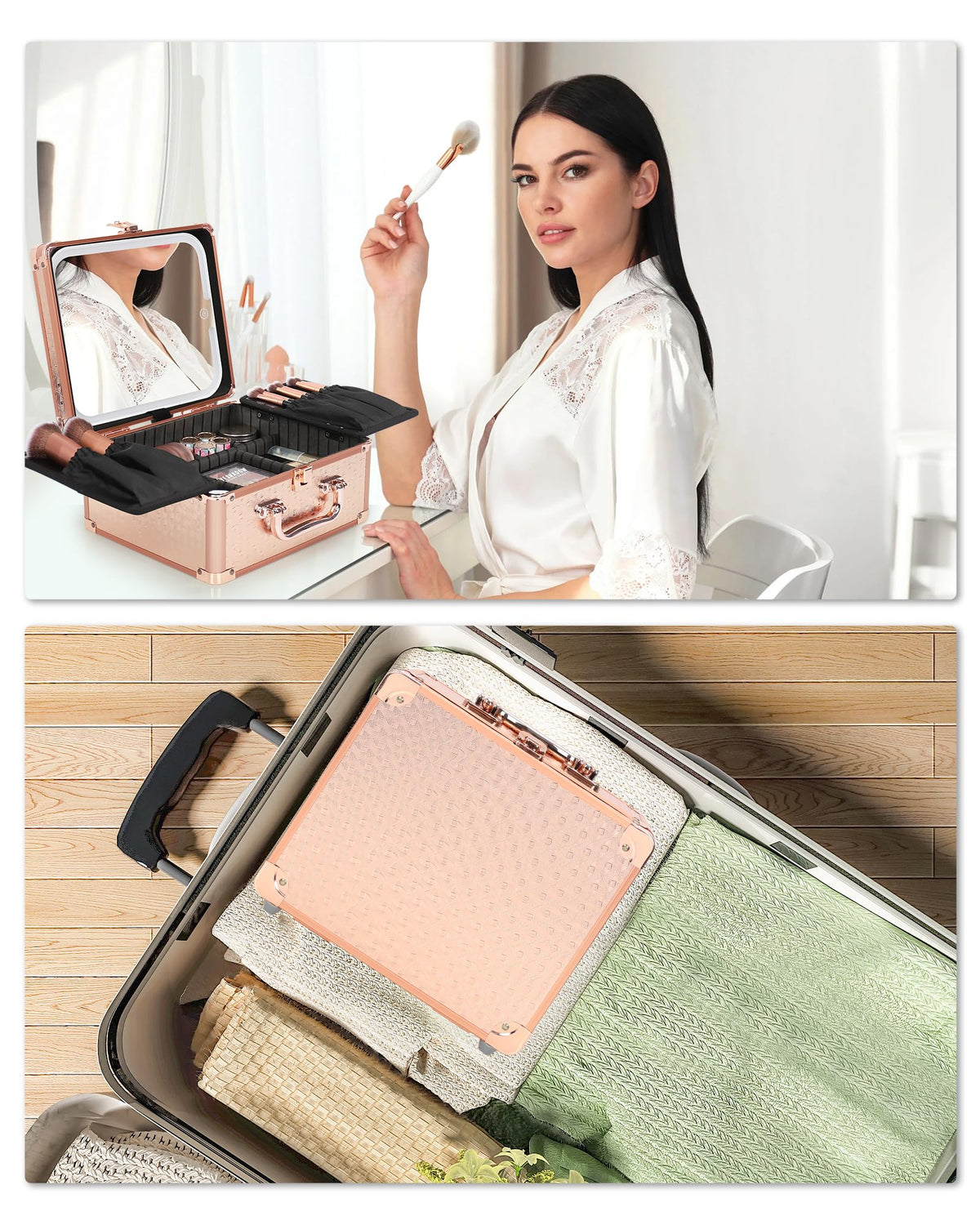 Makeup Train Case with LED Mirror, Rechargeable Travel Makeup Bag