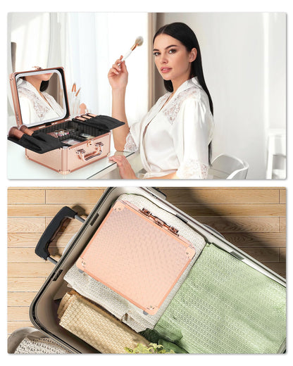 Makeup Train Case with LED Mirror, Rechargeable Travel Makeup Bag