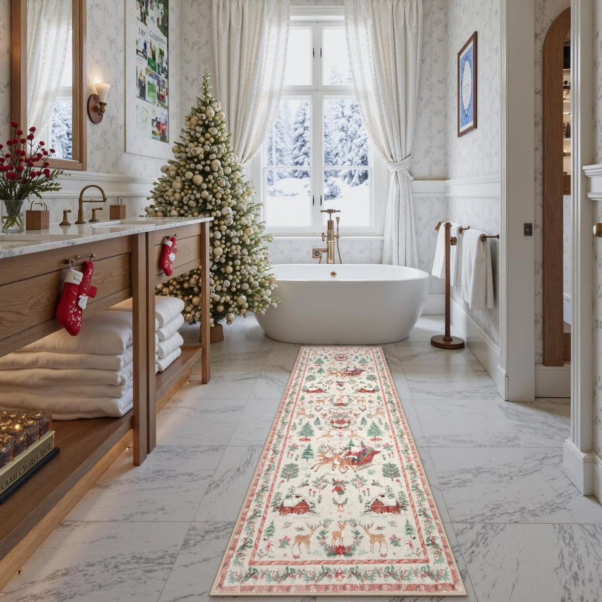 Lahome Christmas 8x10 Living Room Area Rug, Soft Christmas Tree Large Washable Rug for Bedroom, Non Slip Low Pile Indoor Floor Carpet for Home Office Xmas Holiday Decor, Beige