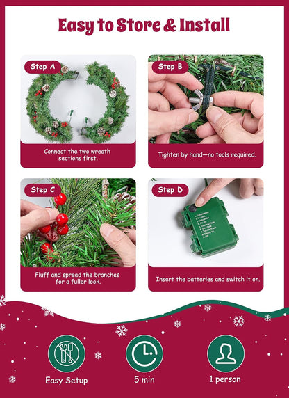 Brightown 24 Inch Pre-Lit Christmas Wreaths for Front Door, 50LED