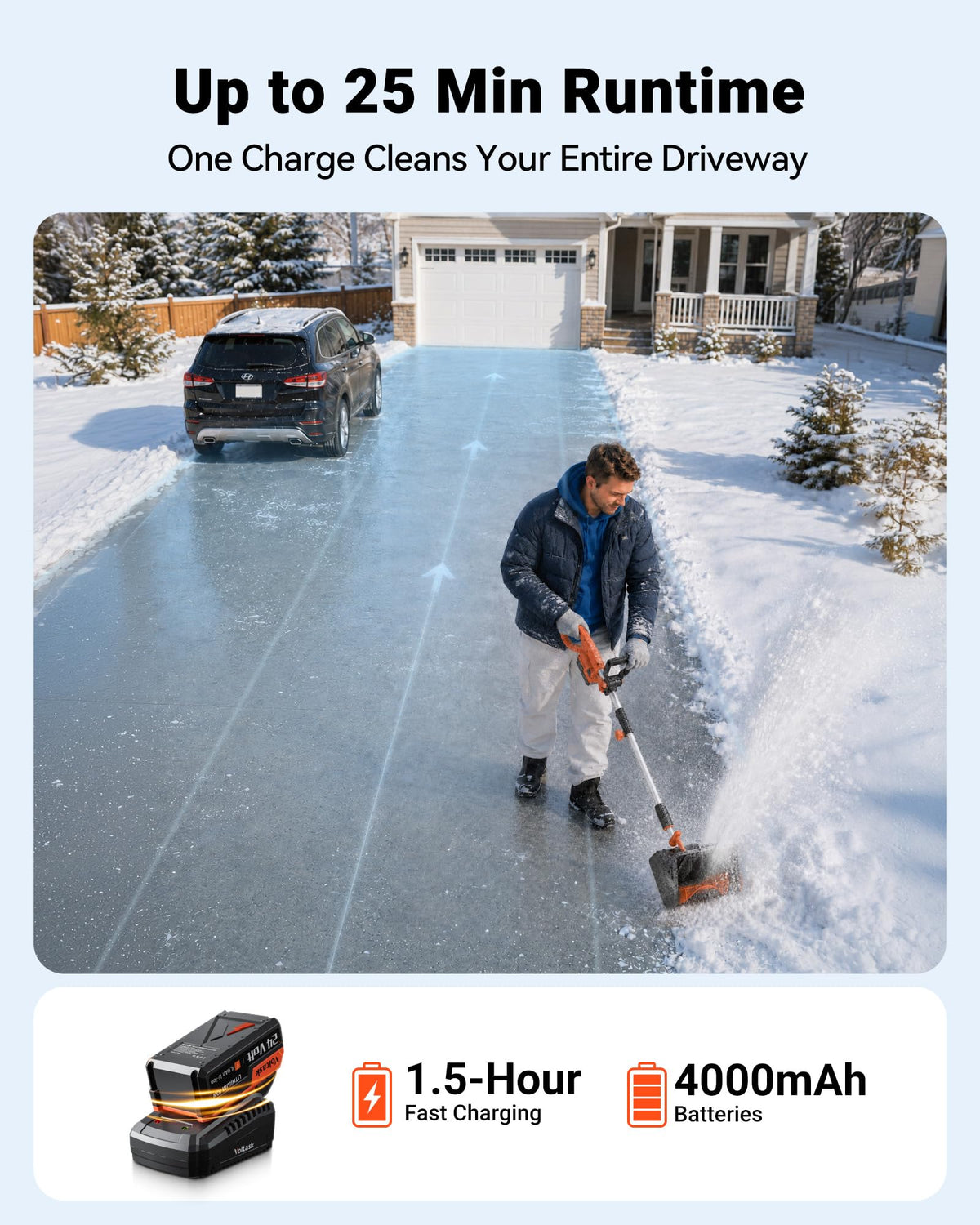 VOLTASK Cordless Snow Shovel, 24V | 13-Inch | 4-Ah Cordless Snow Blower, Battery Snow Blower with Directional Plate & Adjustable Front Handle (4-Ah Battery & Quick Charger Included)