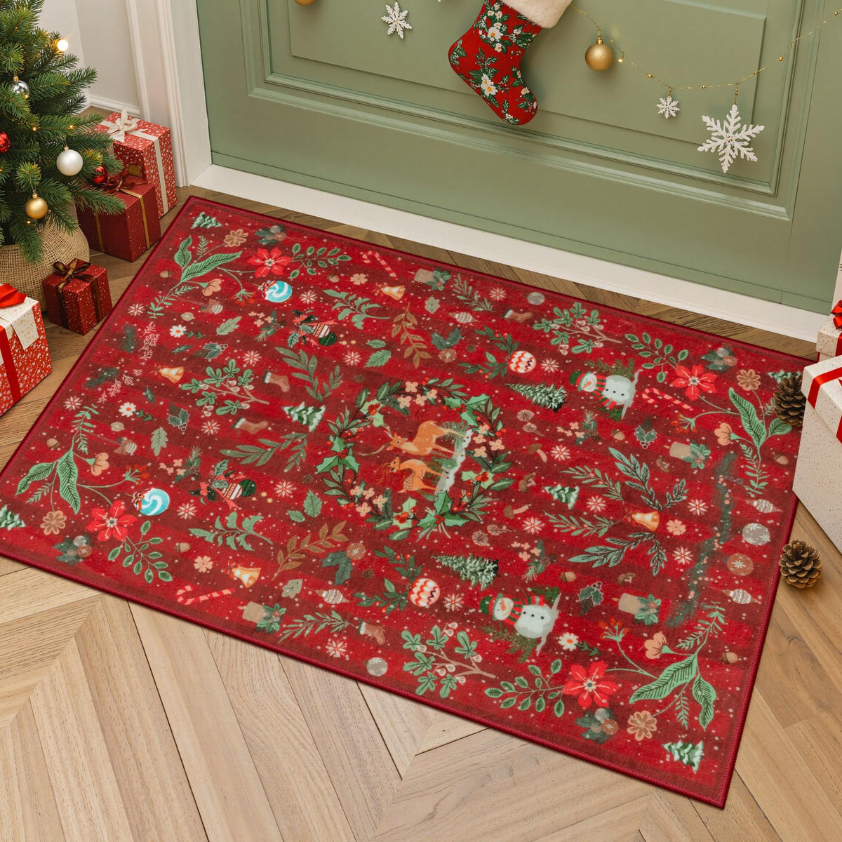 Lahome Christmas 8x10 Living Room Area Rug, Soft Christmas Tree Large Washable Rug for Bedroom, Non Slip Low Pile Indoor Floor Carpet for Home Office Xmas Holiday Decor, Beige