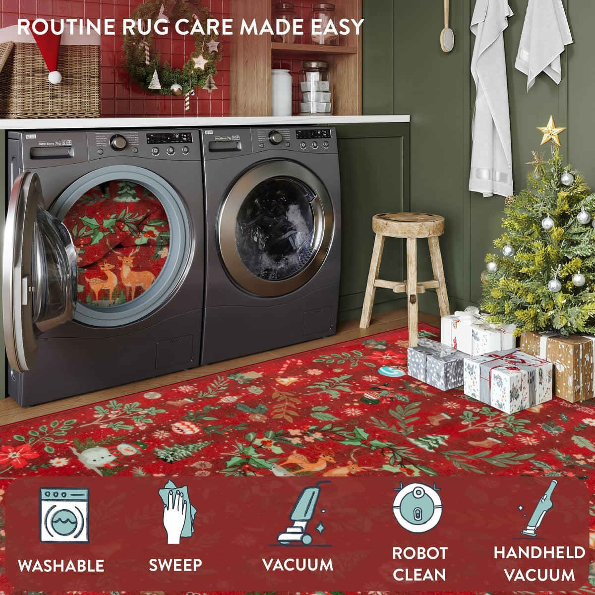 Lahome Christmas 8x10 Living Room Area Rug, Soft Christmas Tree Large Washable Rug for Bedroom, Non Slip Low Pile Indoor Floor Carpet for Home Office Xmas Holiday Decor, Beige