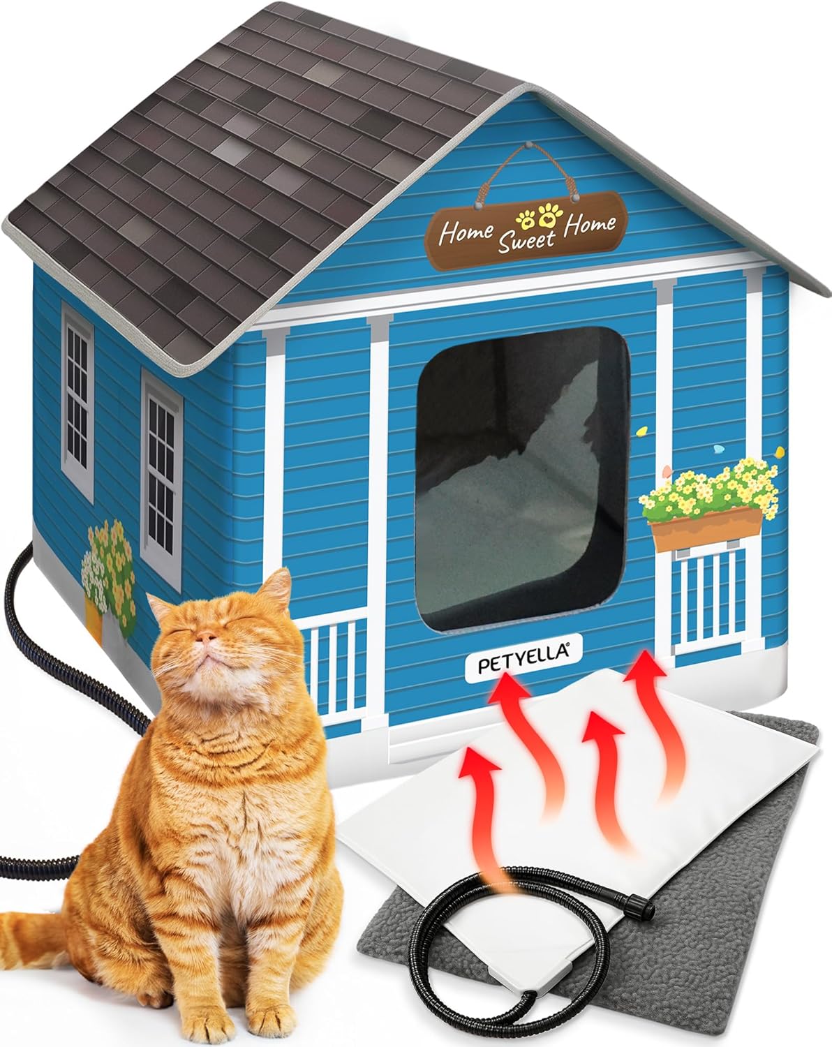Heated Cat House for Winter, Insulated with Heating Pad & 2 Doors