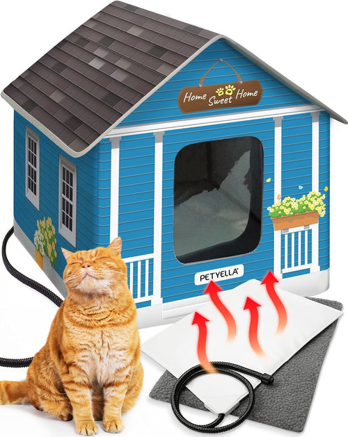 Heated Cat House for Winter, Insulated with Heating Pad & 2 Doors