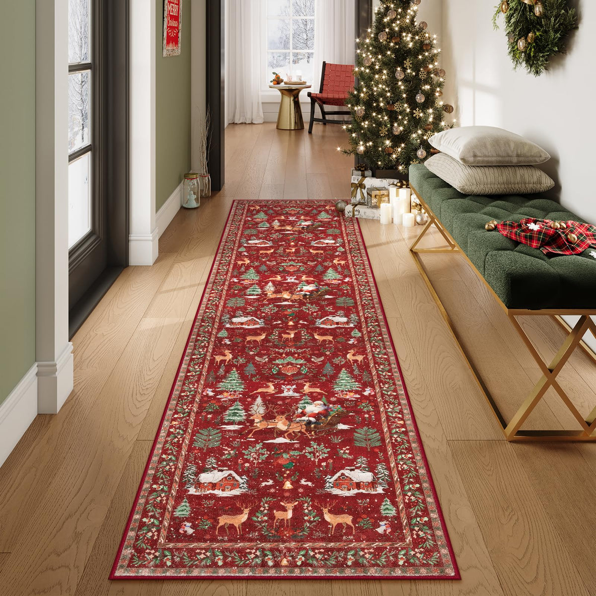Lahome Christmas 8x10 Living Room Area Rug, Soft Christmas Tree Large Washable Rug for Bedroom, Non Slip Low Pile Indoor Floor Carpet for Home Office Xmas Holiday Decor, Beige