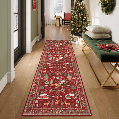 Lahome Christmas 8x10 Living Room Area Rug, Soft Christmas Tree Large Washable Rug for Bedroom, Non Slip Low Pile Indoor Floor Carpet for Home Office Xmas Holiday Decor, Beige