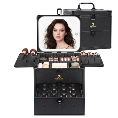 Makeup Train Case with LED Mirror, Rechargeable Travel Makeup Bag