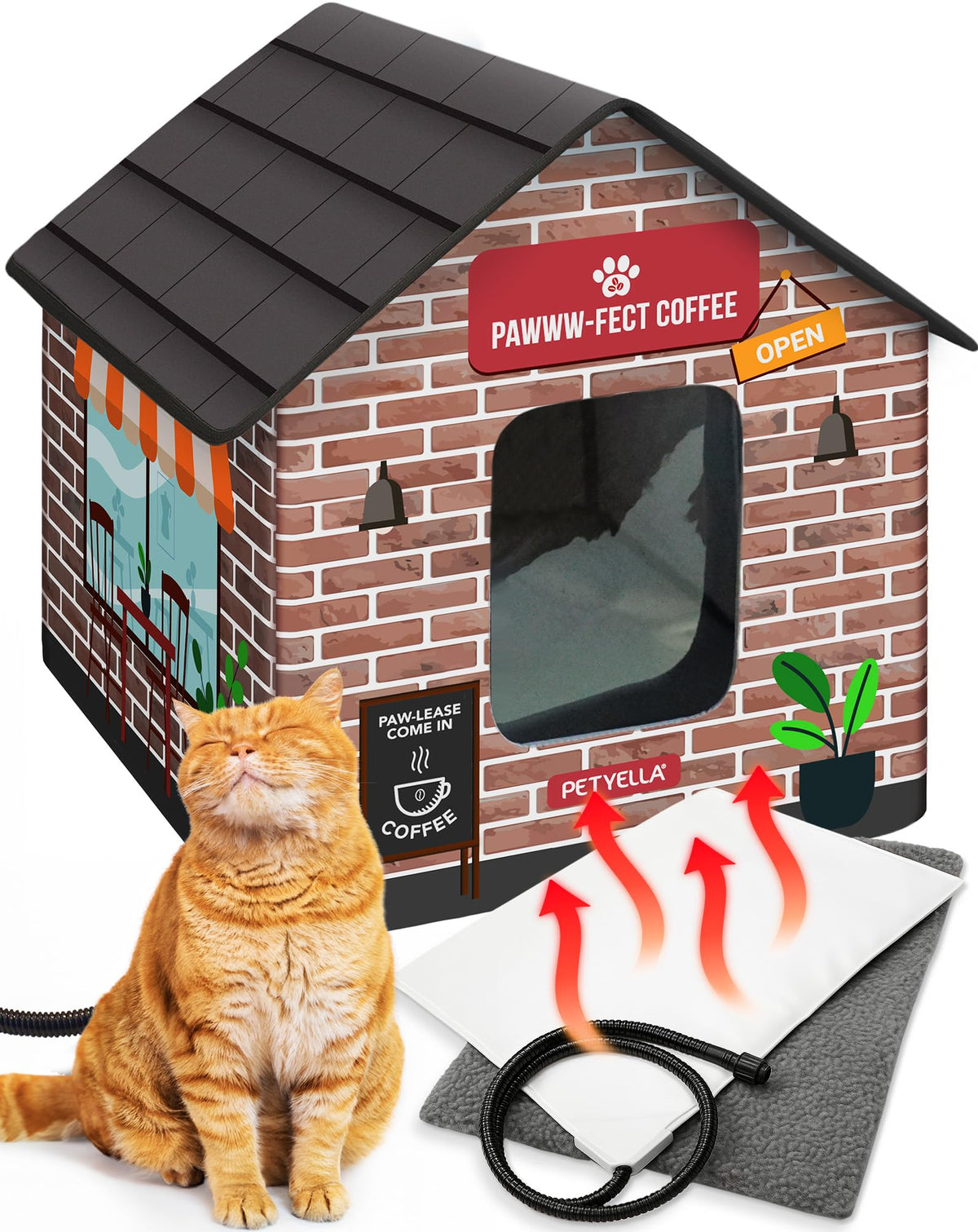 Deluxe Heated Cat House for Winter - Weatherproof, Insulated, Easy Assembly, Cat Heating Pad, Dual Escape Doors, Outdoor & Indoor Cat House - Blue Tiles Pethouse