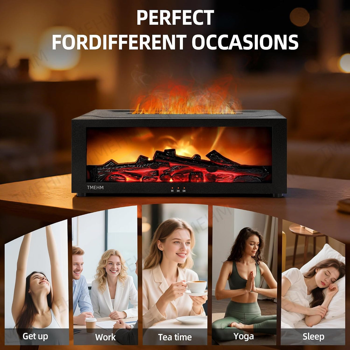 TMEHM Essential Oil Diffuser Humidifier with Fireplace Flame Effect
