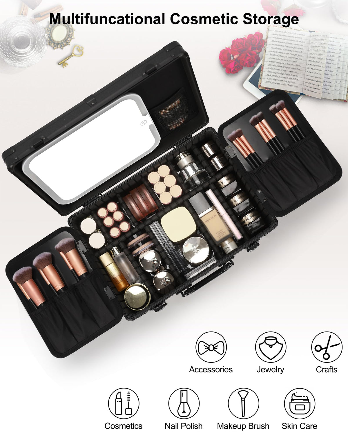 Relavel Makeup Bag with LED Mirror, Makeup Box Travel Train Case with Rechargeable Lighted Mirror & Adjustable Dividers, Cosmetic Brush Organizer Storage for Makeup Artists Gifts for Women and Girls
