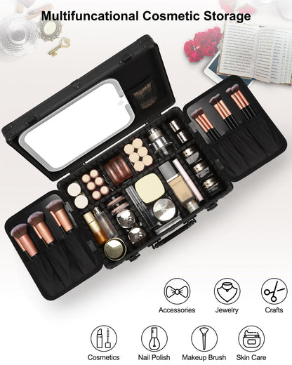 Makeup Train Case with LED Mirror, Rechargeable Travel Makeup Bag