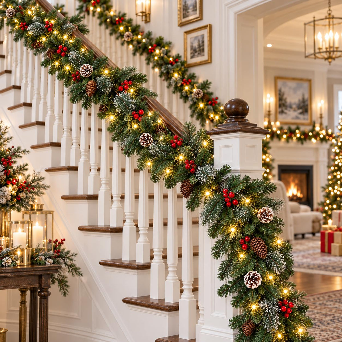 Christmas Garland with Lights 9ft, Prelit for Mantle, Stairs & Door