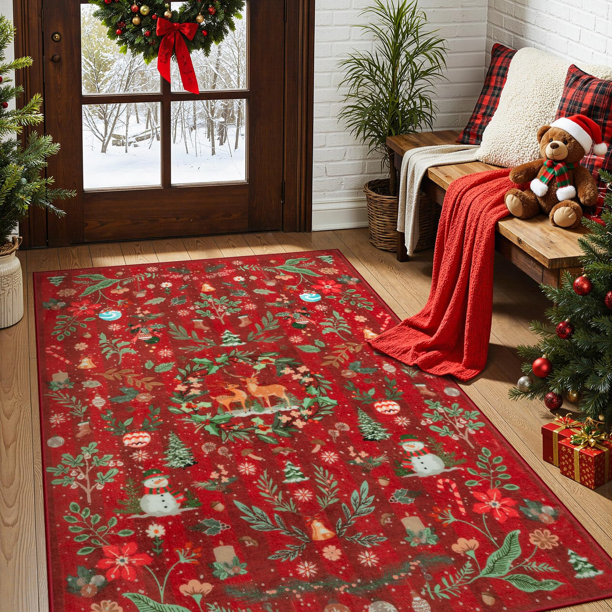 Lahome Christmas 8x10 Living Room Area Rug, Soft Christmas Tree Large Washable Rug for Bedroom, Non Slip Low Pile Indoor Floor Carpet for Home Office Xmas Holiday Decor, Beige