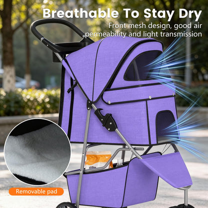 Pet Stroller for Dogs & Cats, 3 Wheel Foldable with Storage Basket