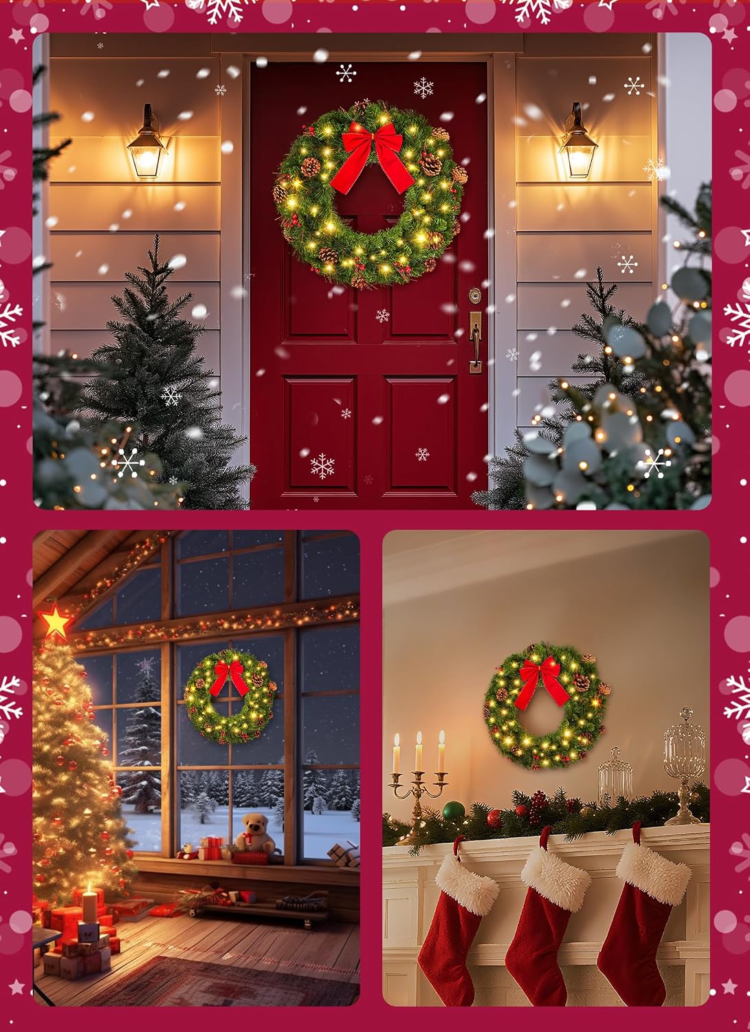 Brightown 24 Inch Pre-Lit Christmas Wreaths for Front Door, 50LED