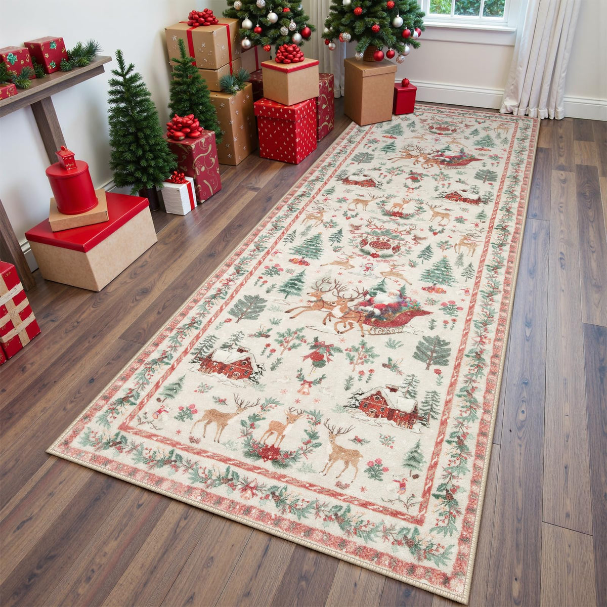 Lahome Christmas 8x10 Living Room Area Rug, Soft Christmas Tree Large Washable Rug for Bedroom, Non Slip Low Pile Indoor Floor Carpet for Home Office Xmas Holiday Decor, Beige