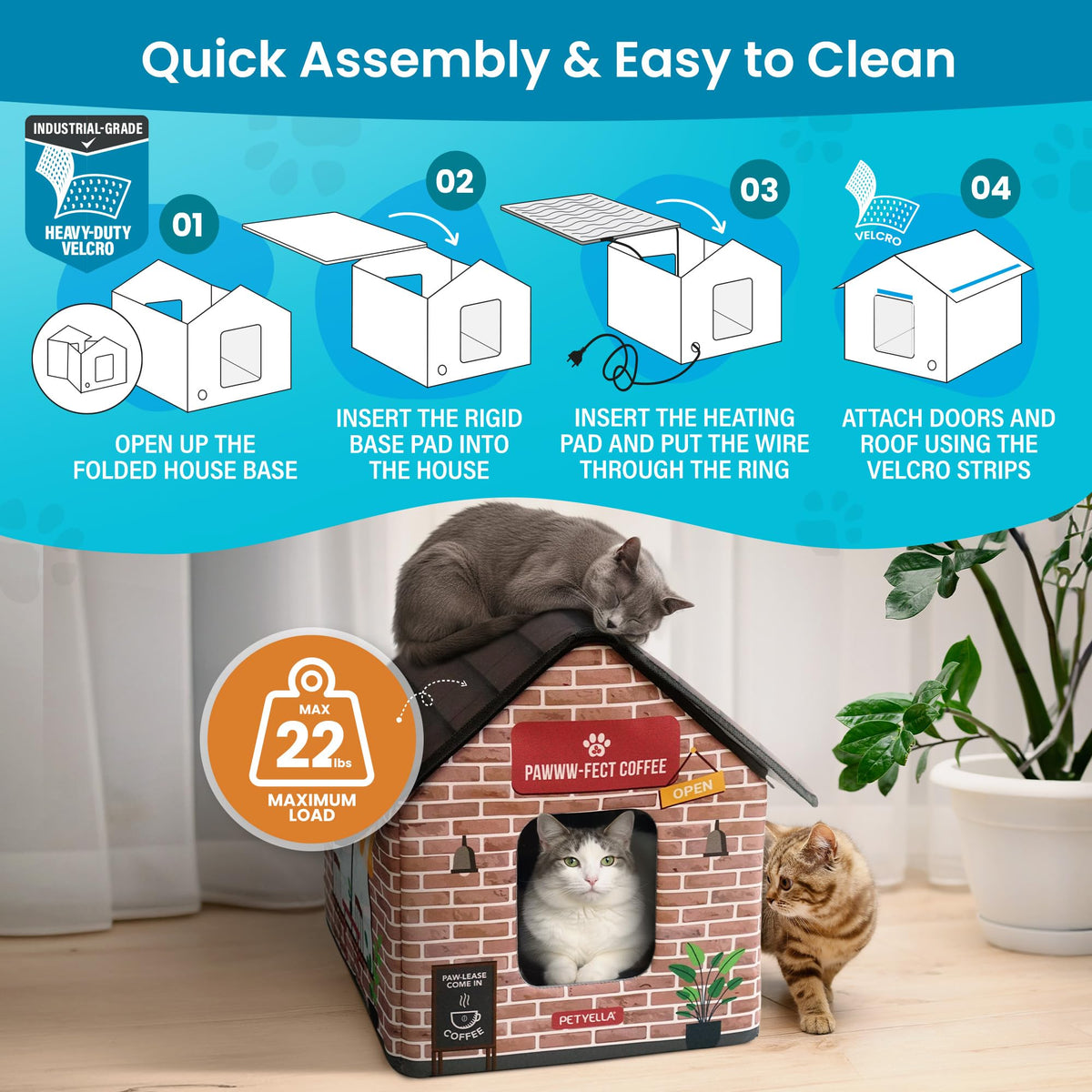 Deluxe Heated Cat House for Winter - Weatherproof, Insulated, Easy Assembly, Cat Heating Pad, Dual Escape Doors, Outdoor & Indoor Cat House - Blue Tiles Pethouse