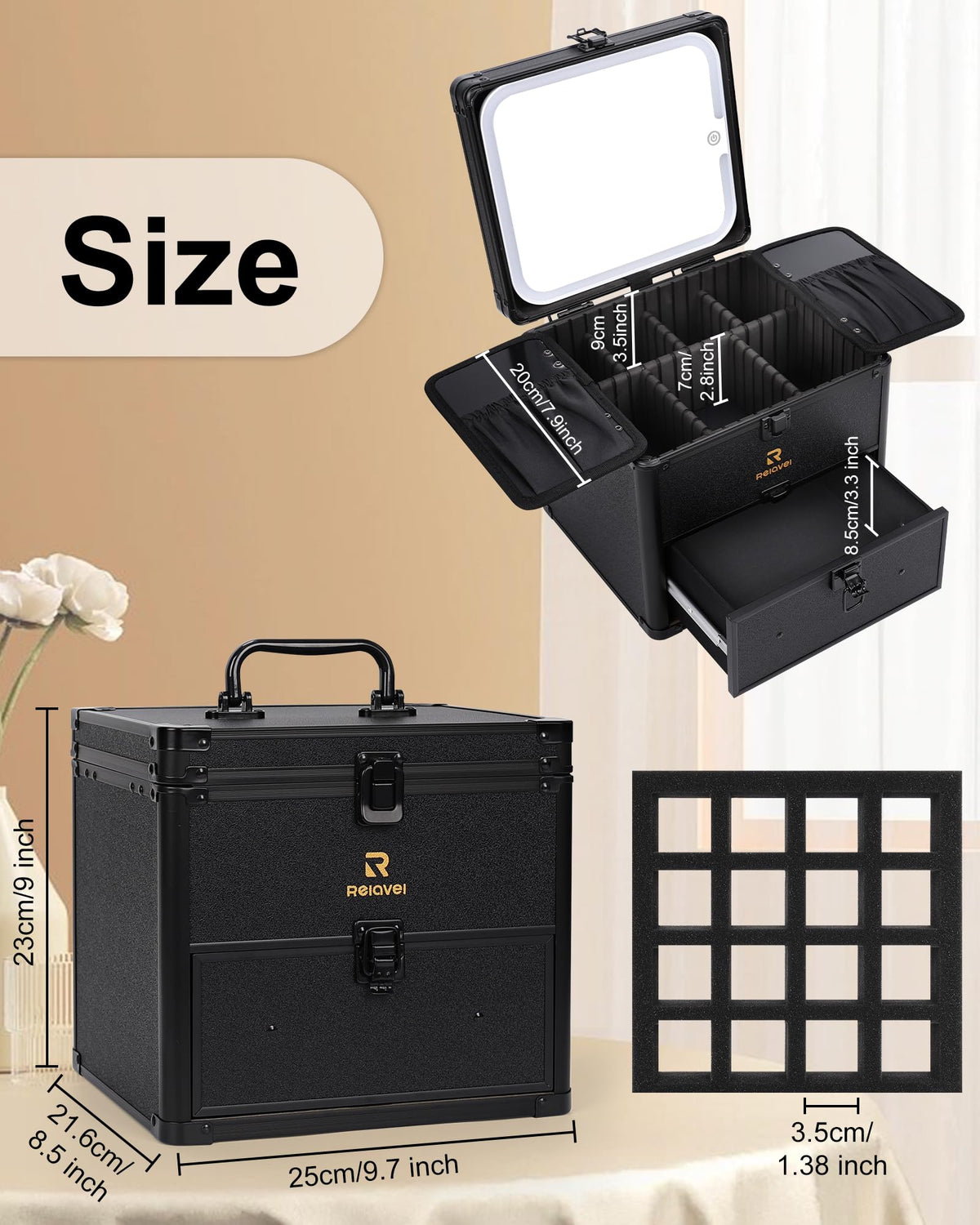 Relavel Makeup Bag with LED Mirror, Makeup Box Travel Train Case with Rechargeable Lighted Mirror & Adjustable Dividers, Cosmetic Brush Organizer Storage for Makeup Artists Gifts for Women and Girls