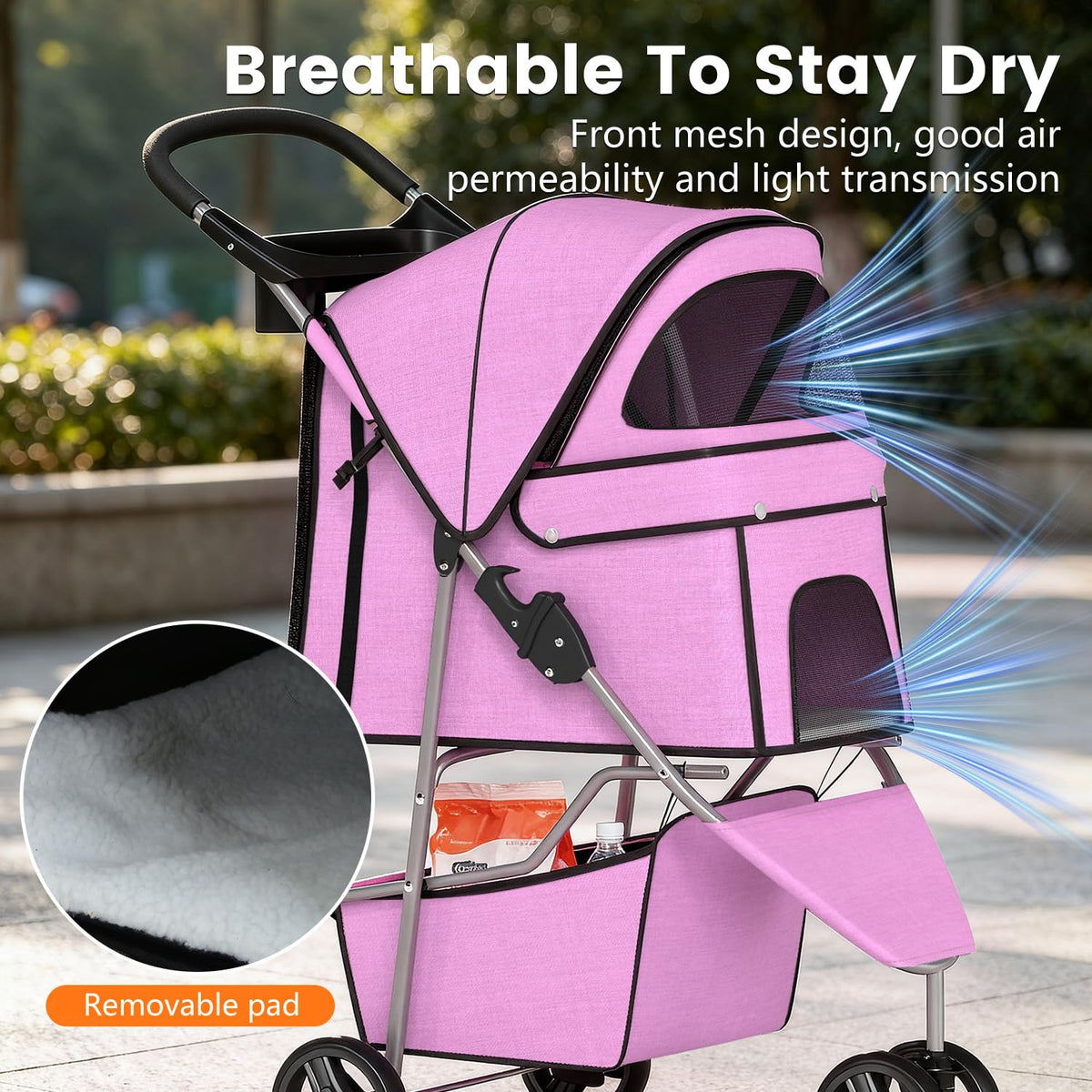 Pet Stroller for Dogs & Cats, 3 Wheel Foldable with Storage Basket