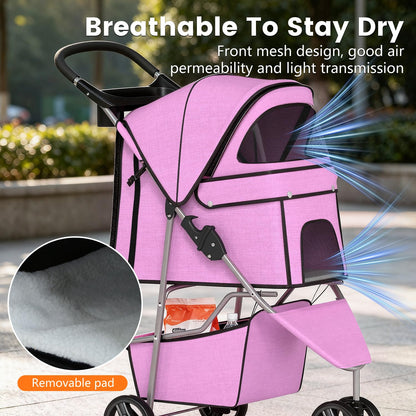 Pet Stroller for Dogs & Cats, 3 Wheel Foldable with Storage Basket