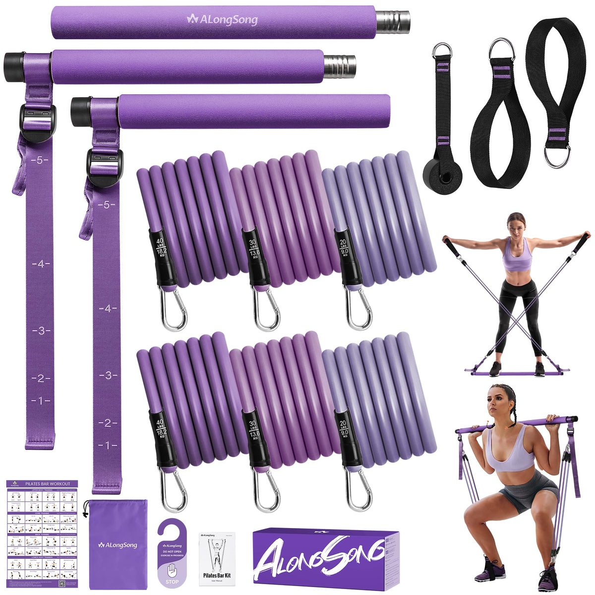 Upgraded Pilates Bar Kit with Resistance Bands Natural Latex for Women & Men, Heavy-Duty Stainless Steel Multifunctional Yoga Pilates Stick for Home Gym Exercise Fitness Equipment Full-Body Workouts