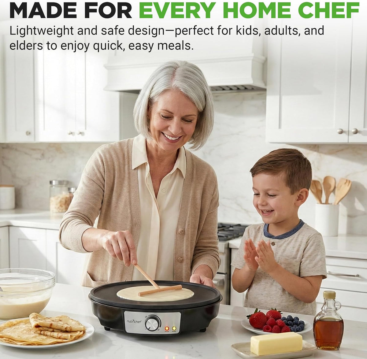 Nutrichef Electric Crepe Maker & Griddle Cooktop - Nonstick 12 Inch Aluminum Hot Plate with LED Indicator Lights & Adjustable Temperature Control - Wooden Spatula & Batter Spreader Included